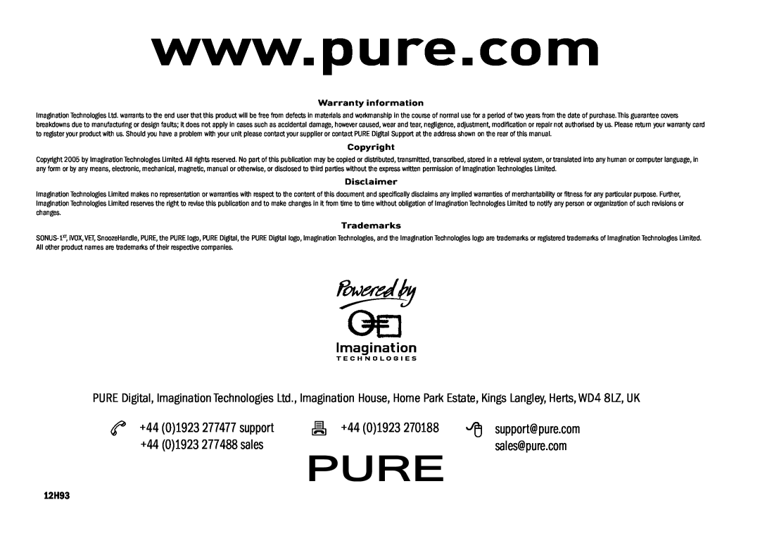 Pure Digital SONUS-1XT 01923 277477 support, sales@pure.com, 12H93, support@pure.com, Warranty information, Copyright 