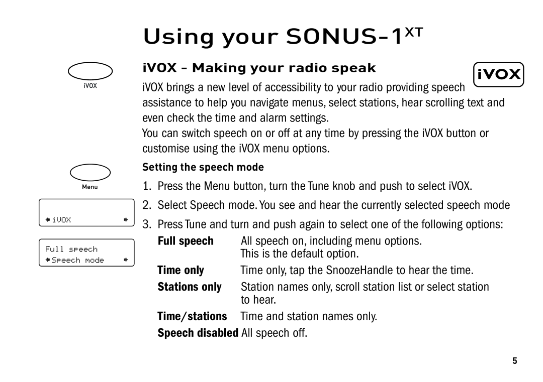 Pure Digital manual Using your SONUS-1XT, iVOX - Making your radio speak 