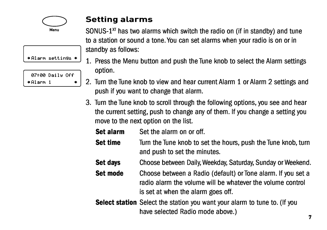 Pure Digital SONUS-1XT manual Setting alarms 