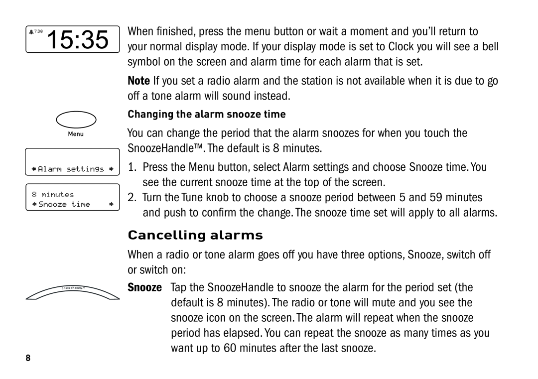 Pure Digital SONUS-1XT manual Cancelling alarms, Changing the alarm snooze time 