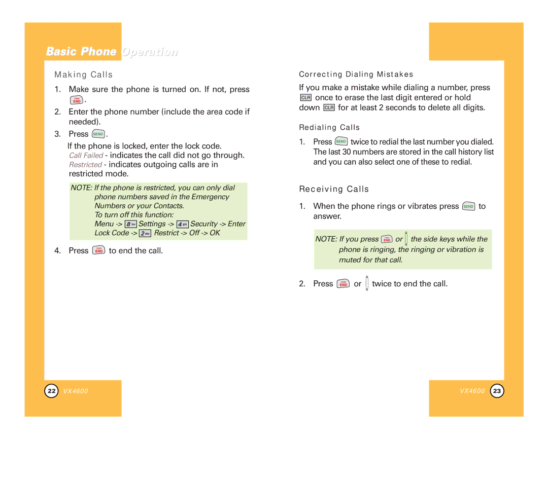 Pure Digital VX4600 manual Receiving Calls, Correcting Dialing Mistakes, Redialing Calls 