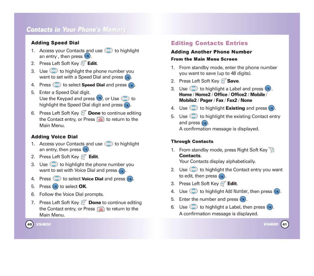 Pure Digital VX4600 manual Editing Contacts Entries, Adding Speed Dial, Adding Voice Dial, Adding Another Phone Number 