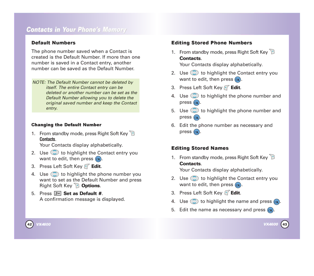 Pure Digital VX4600 manual Default Numbers, Press Set as Default #, Editing Stored Phone Numbers, Editing Stored Names 