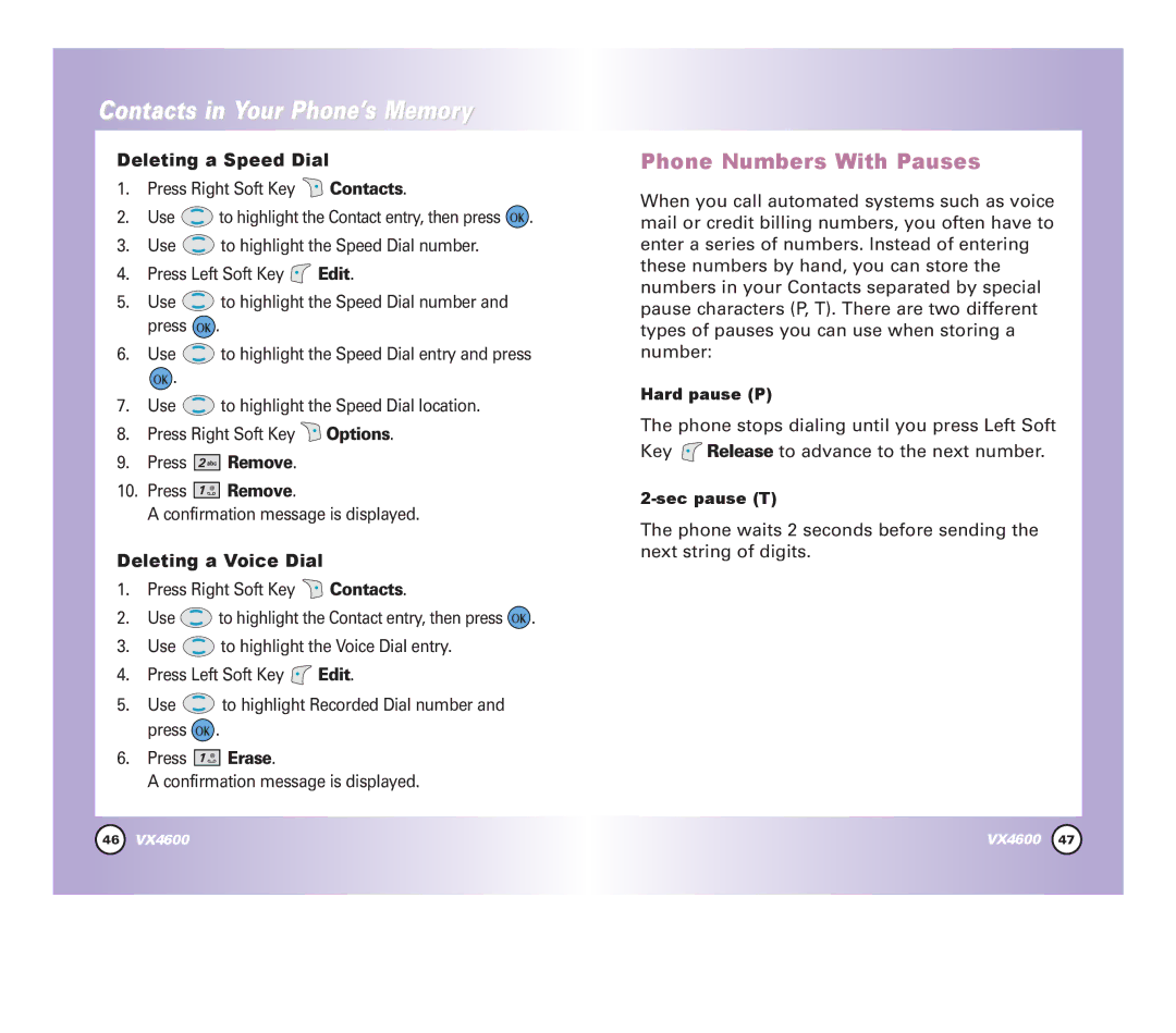 Pure Digital VX4600 Phone Numbers With Pauses, Deleting a Speed Dial, Deleting a Voice Dial, Hard pause P, Sec pause T 