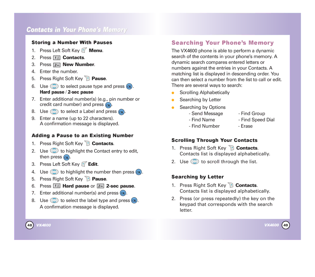 Pure Digital VX4600 manual Searching Your Phone’s Memory 