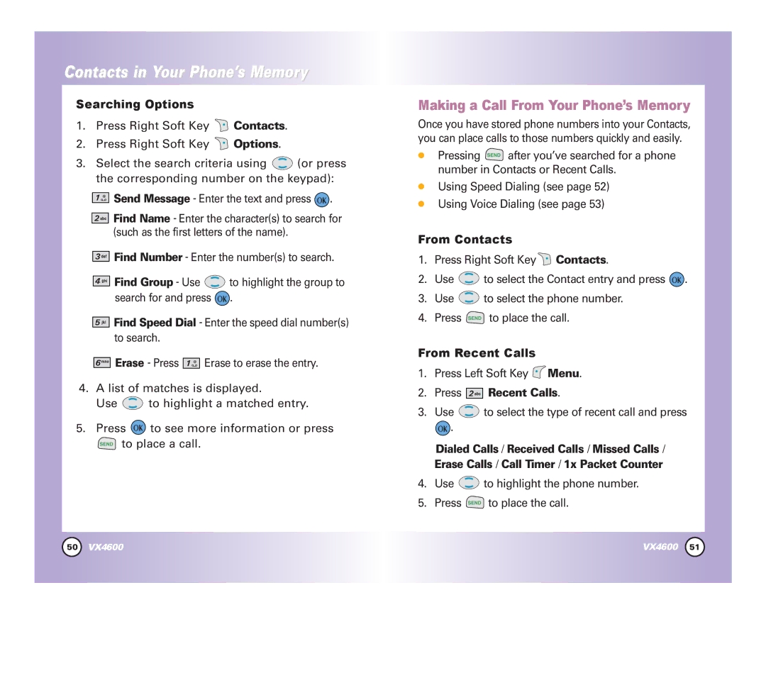 Pure Digital VX4600 manual Searching Options, From Contacts, From Recent Calls, Press Recent Calls 