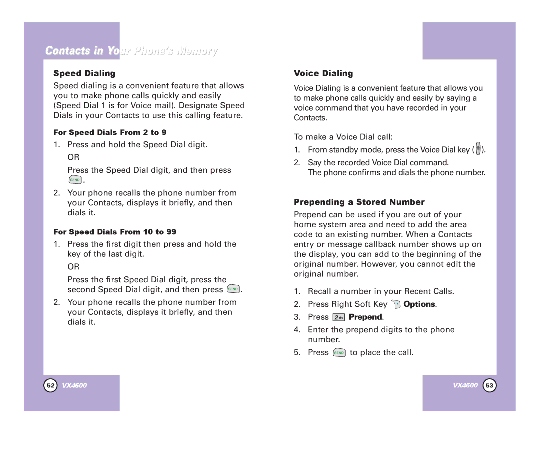 Pure Digital VX4600 manual Speed Dialing, Voice Dialing, Prepending a Stored Number, Press Prepend 
