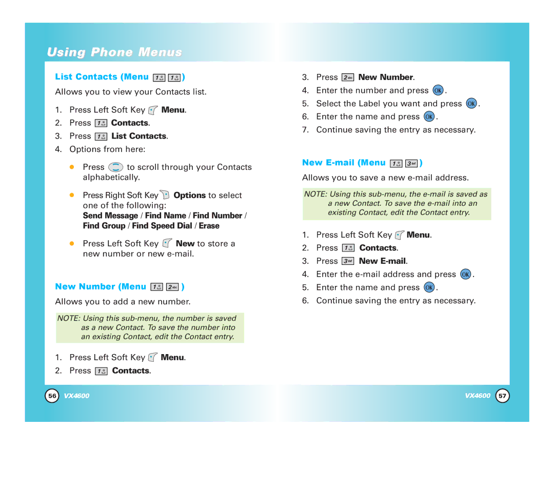 Pure Digital VX4600 manual List Contacts Menu, Press Contacts Press List Contacts, New Number Menu, New E-mail Menu 