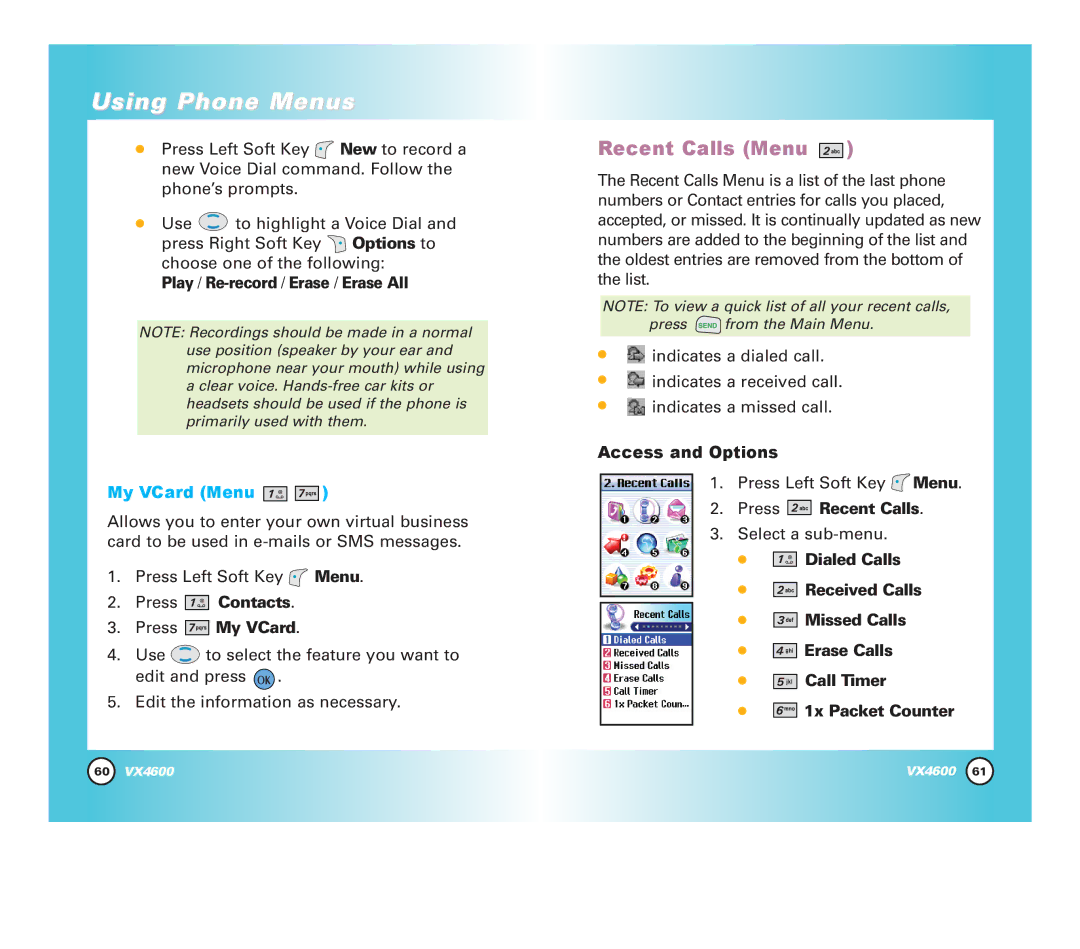 Pure Digital VX4600 Recent Calls Menu, My VCard Menu, Press Contacts Press My VCard, Play / Re-record /Erase / Erase All 