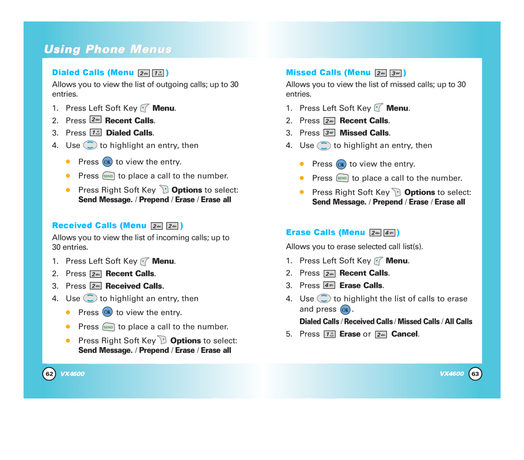 Pure Digital VX4600 Press Recent Calls Press Dialed Calls, Press Recent Calls Press Received Calls, Press Erase or Cancel 