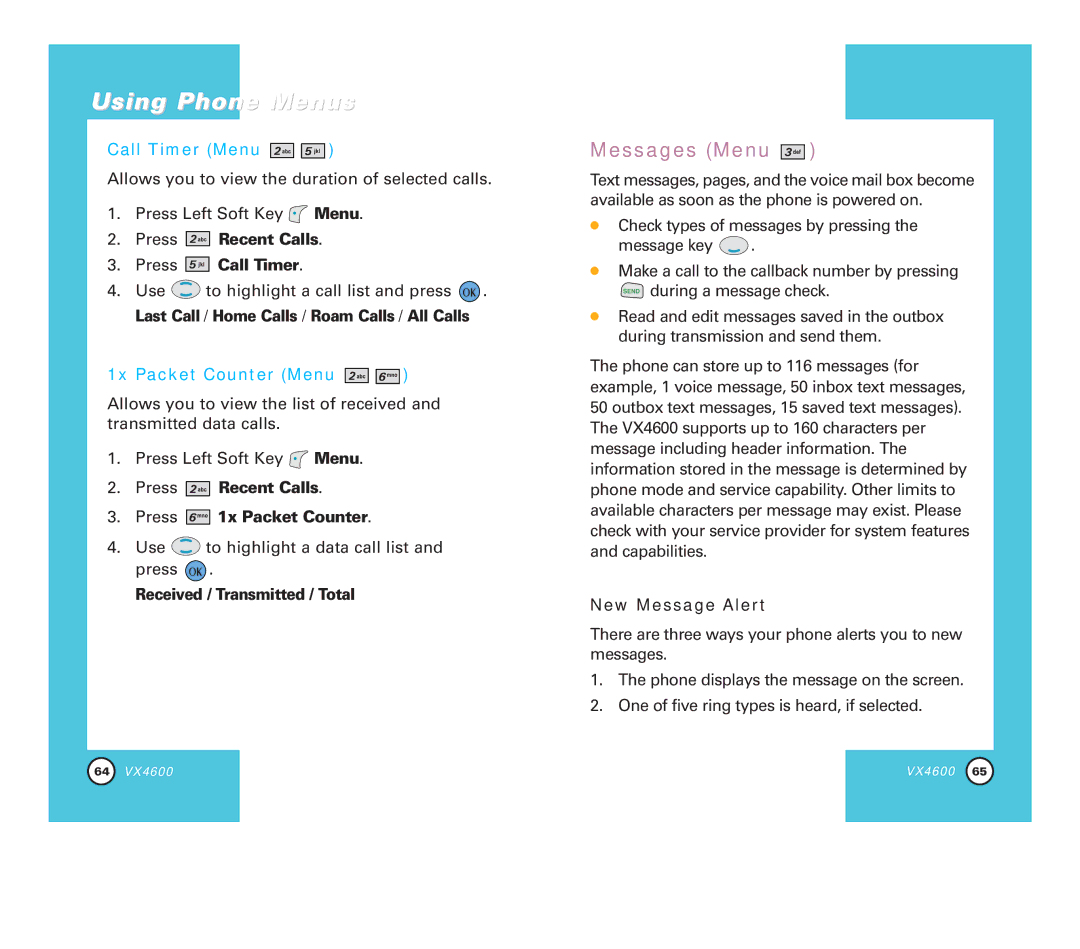Pure Digital VX4600 manual Messages Menu, Press Recent Calls Press Call Timer, Press Recent Calls Press 1x Packet Counter 