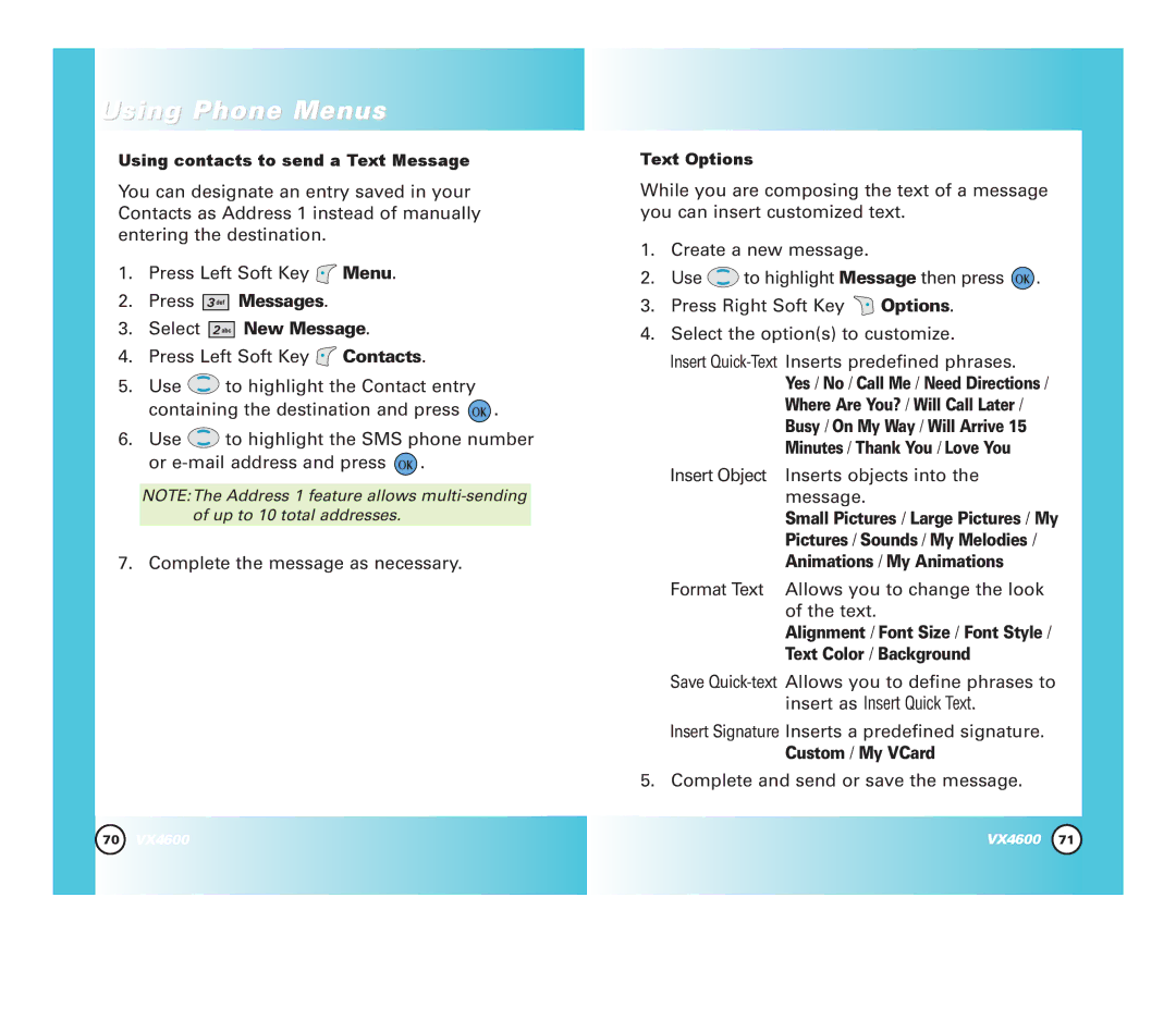 Pure Digital VX4600 manual Press Messages Select New Message, Insert Object Inserts objects into Message, Text Options 