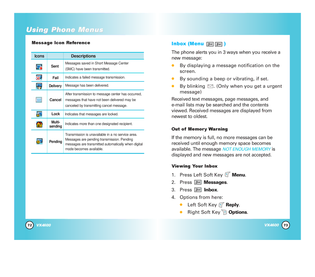 Pure Digital VX4600 manual Inbox Menu, Message Icon Reference, Out of Memory Warning, Viewing Your Inbox 