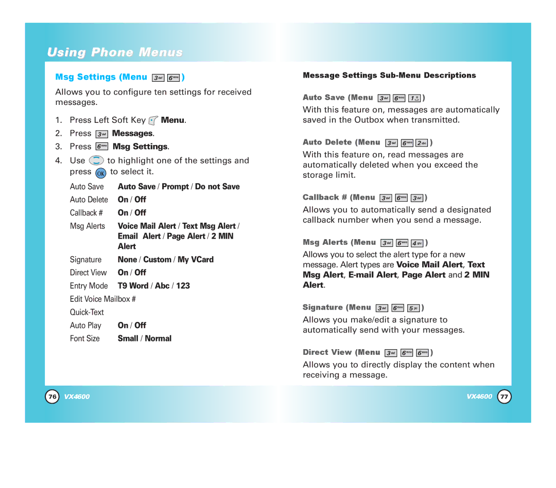 Pure Digital VX4600 manual Msg Settings Menu, Press Messages Press Msg Settings, Message Settings Sub-Menu Descriptions 