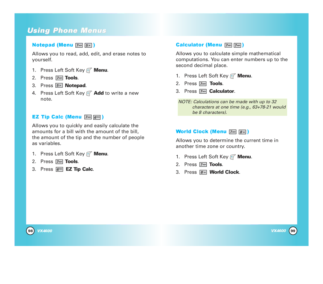 Pure Digital VX4600 manual Press Notepad, Press EZ Tip Calc, Press Calculator, Press World Clock 