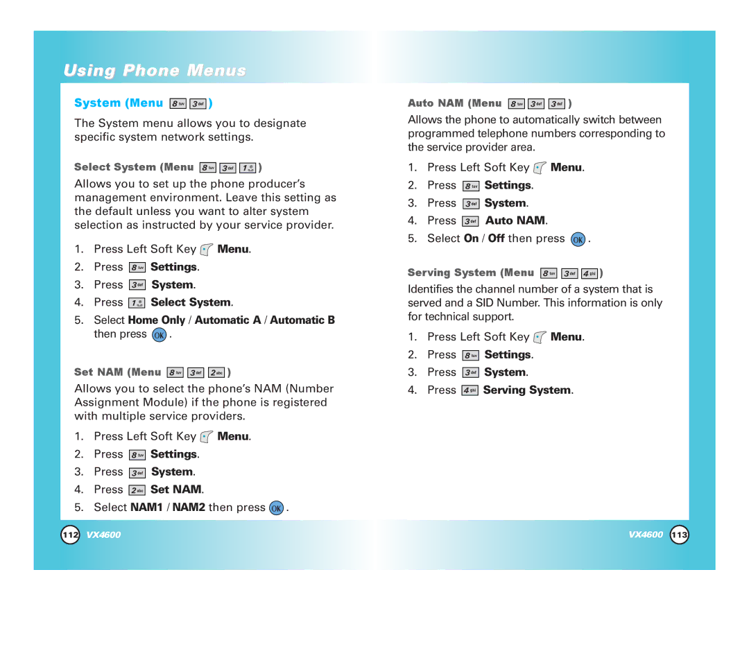 Pure Digital VX4600 manual System Menu, Press Select System, Press Set NAM, Press Auto NAM, Press Serving System 