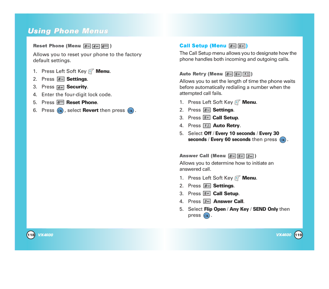 Pure Digital VX4600 manual Press Reset Phone, Call Setup Menu, Press Settings Press Call Setup Press Auto Retry 