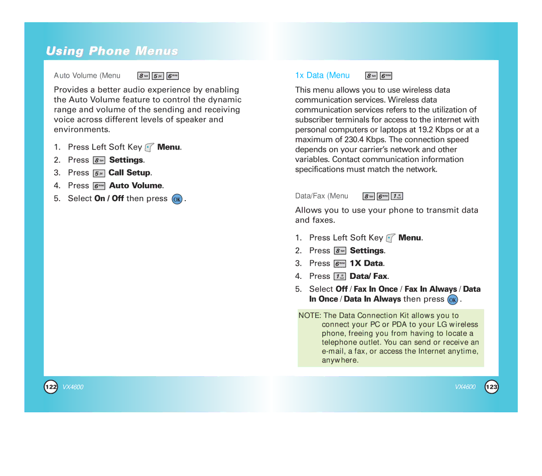 Pure Digital VX4600 manual Press Settings Press Call Setup Press Auto Volume, 1x Data Menu 