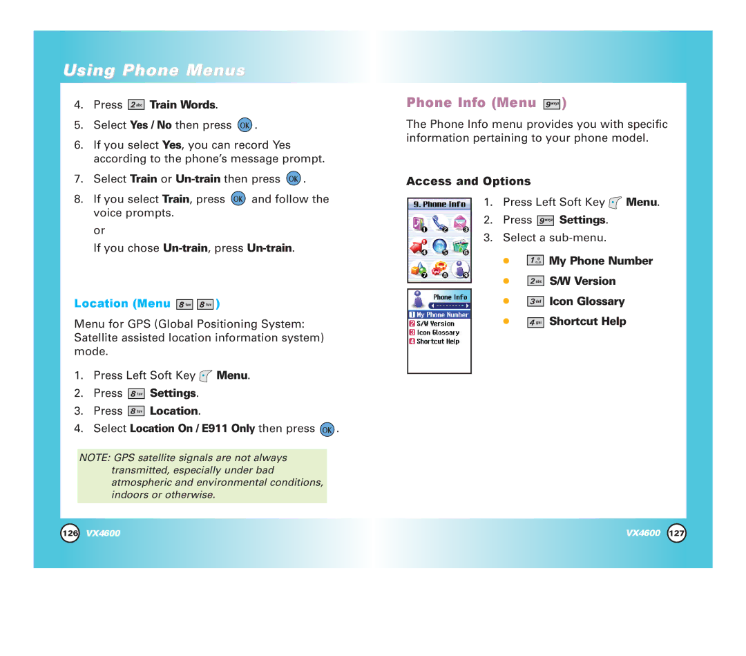 Pure Digital VX4600 manual Phone Info Menu, Press Train Words, Location Menu, Press Settings Press Location 