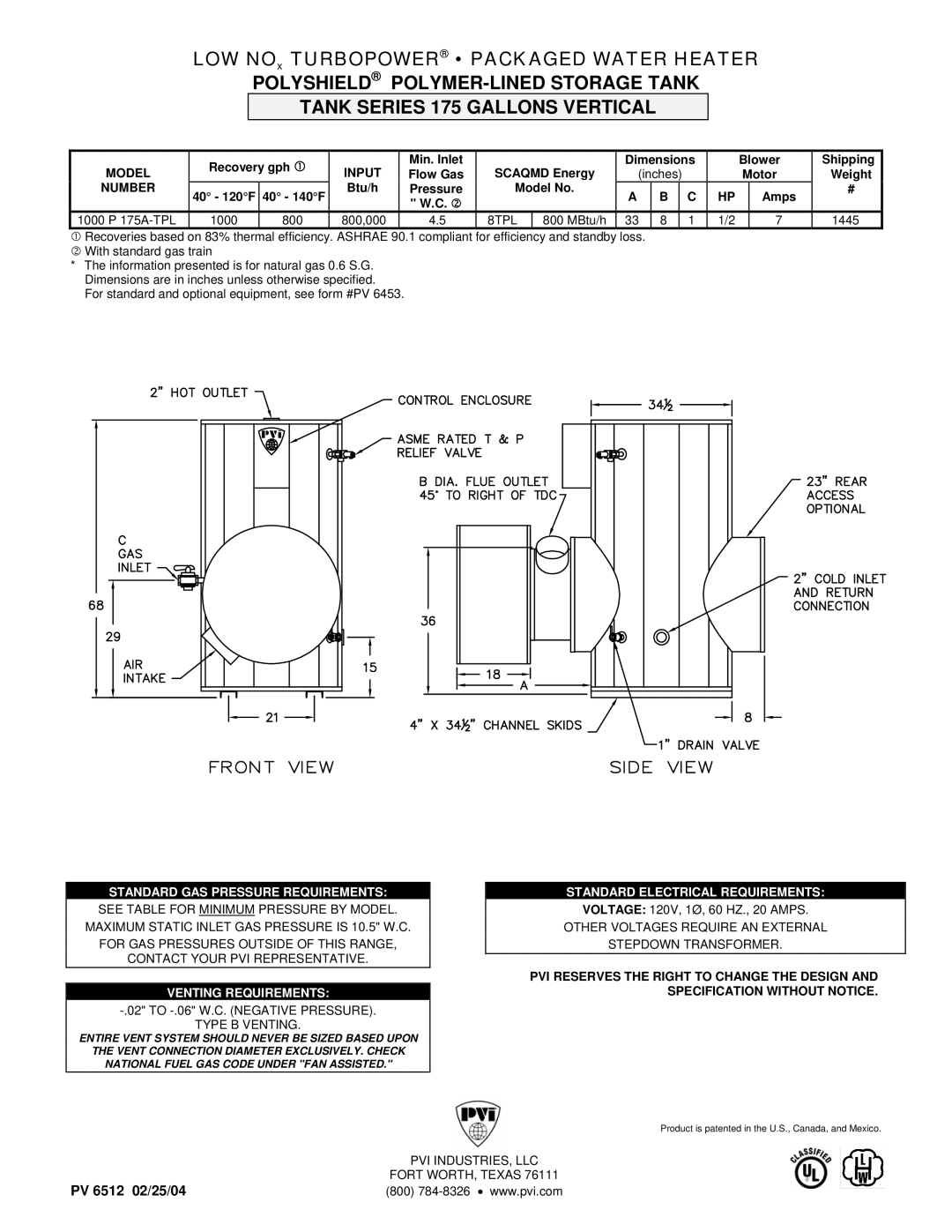 PVI Industries 1000 P 175A-TPL dimensions Standard GAS Pressure Requirements, Venting Requirements 