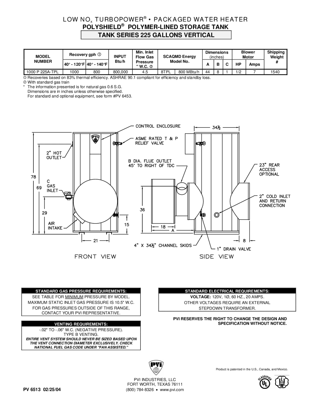 PVI Industries 1000 P 225A-TPL dimensions Standard GAS Pressure Requirements, Venting Requirements 