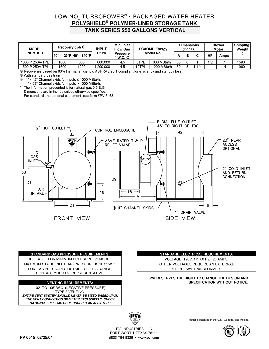 PVI Industries 1500 P 250A-TPL, 1000 P 250A-TPL dimensions Standard GAS Pressure Requirements, Venting Requirements 