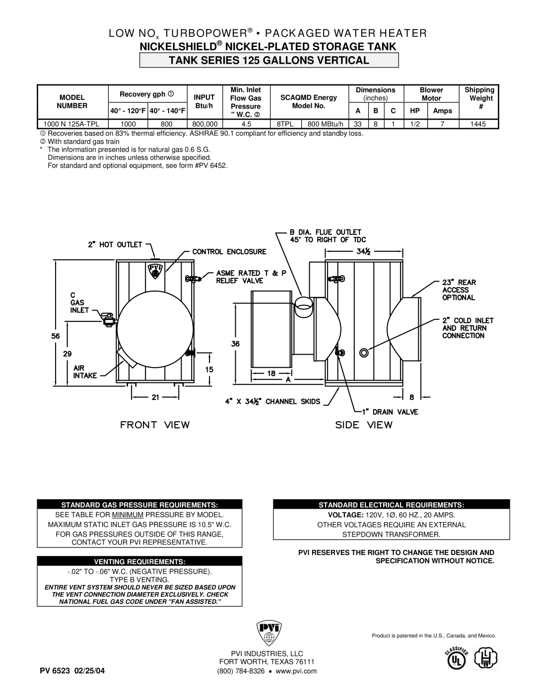 PVI Industries 100N125A-TPL dimensions Standard GAS Pressure Requirements, Venting Requirements 