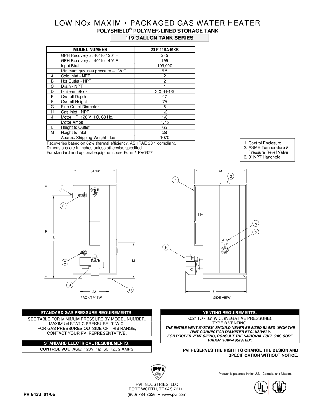 PVI Industries 119 Gallon Tank Series dimensions LOW NOx Maxim Packaged GAS Water Heater, Model Number 