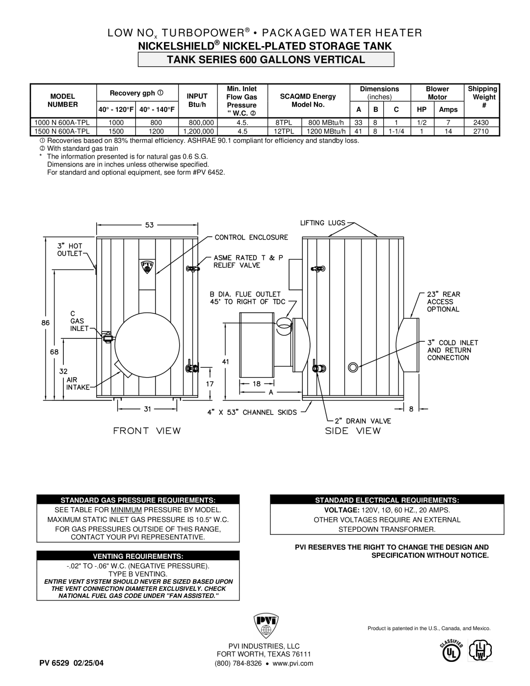 PVI Industries 1000 N 600A-TPL, 1500 N 600A-TPL dimensions Standard GAS Pressure Requirements, Venting Requirements 