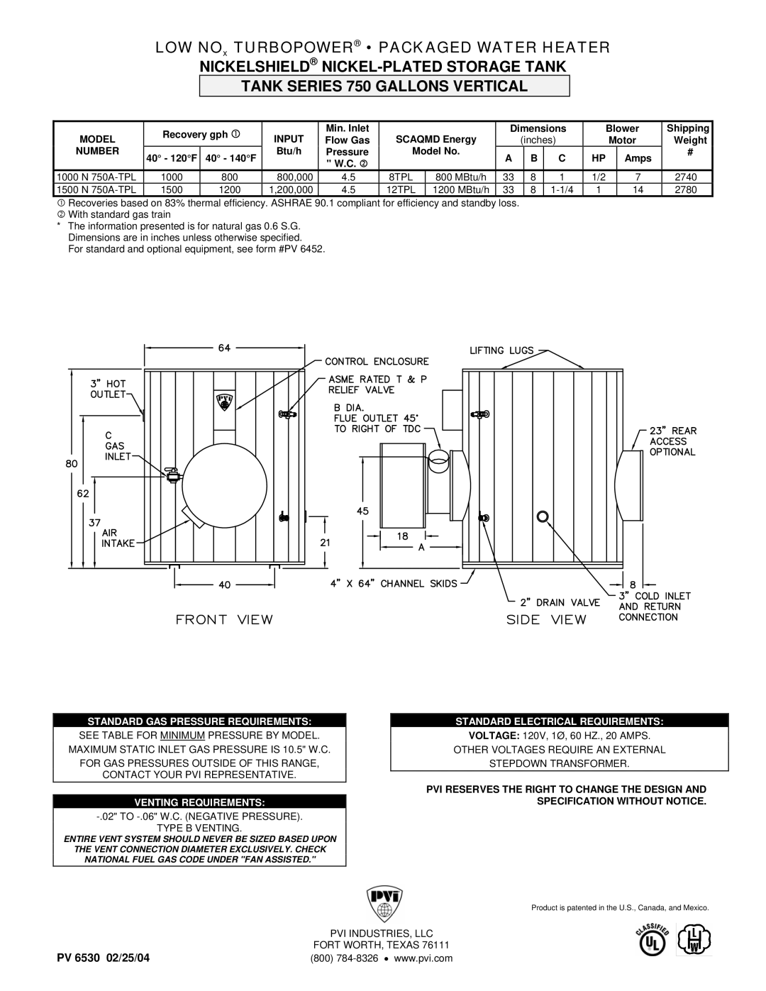 PVI Industries 1000 N 750A-TPL, 1500 N 750A-TPL dimensions Standard GAS Pressure Requirements, Venting Requirements 