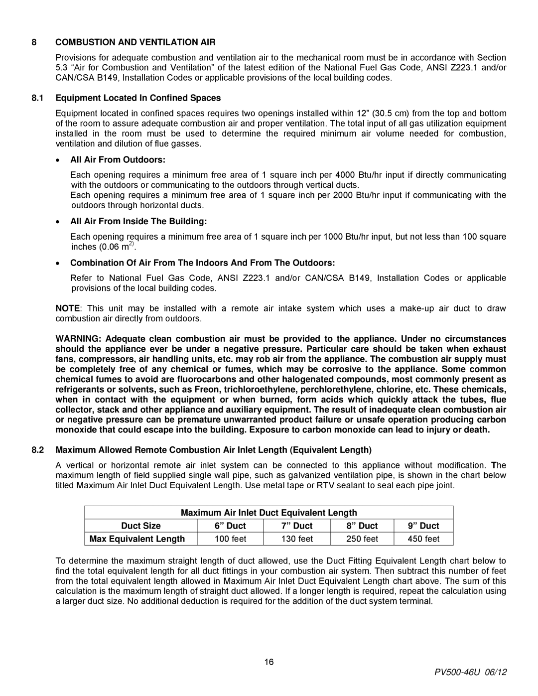 PVI Industries 180, 150 manual Combustion and Ventilation AIR, Equipment Located In Confined Spaces, ∙ All Air From Outdoors 