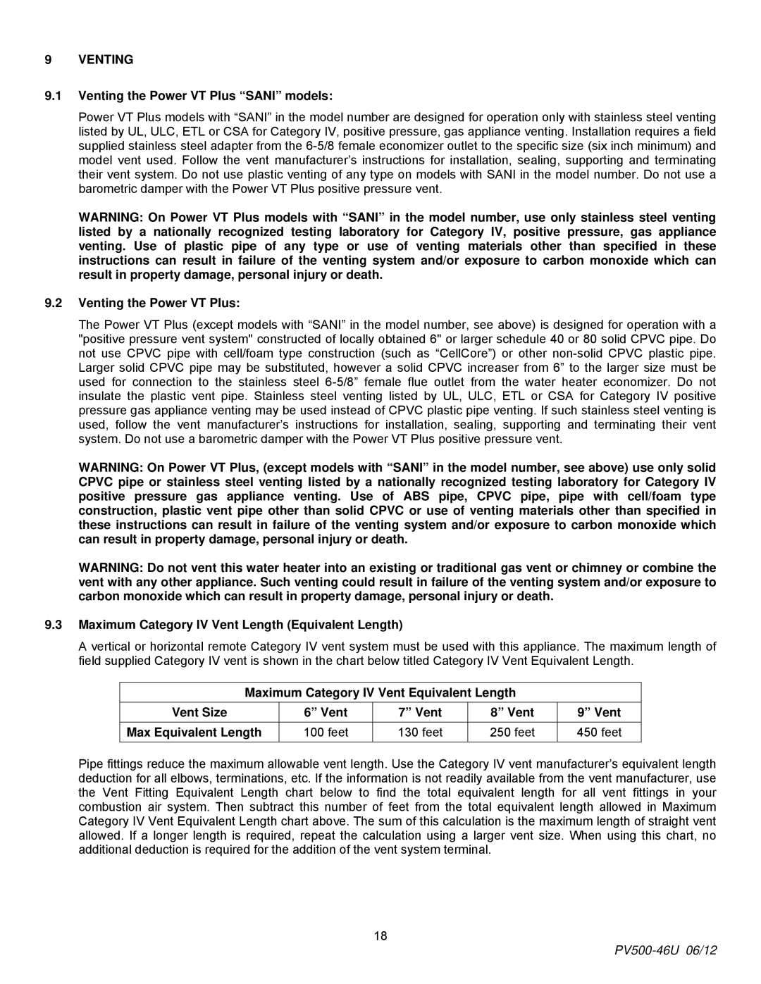 PVI Industries 180, 150 manual Venting the Power VT Plus Sani models, Maximum Category IV Vent Length Equivalent Length 