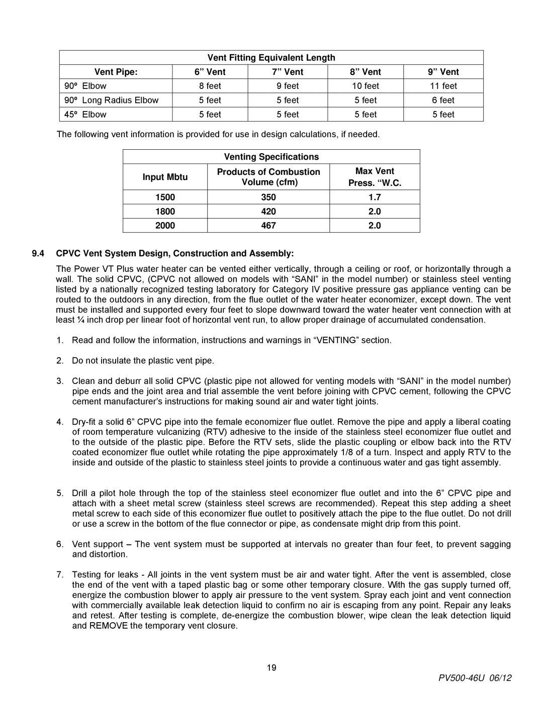 PVI Industries 150, 180 manual Vent Fitting Equivalent Length Vent Pipe 