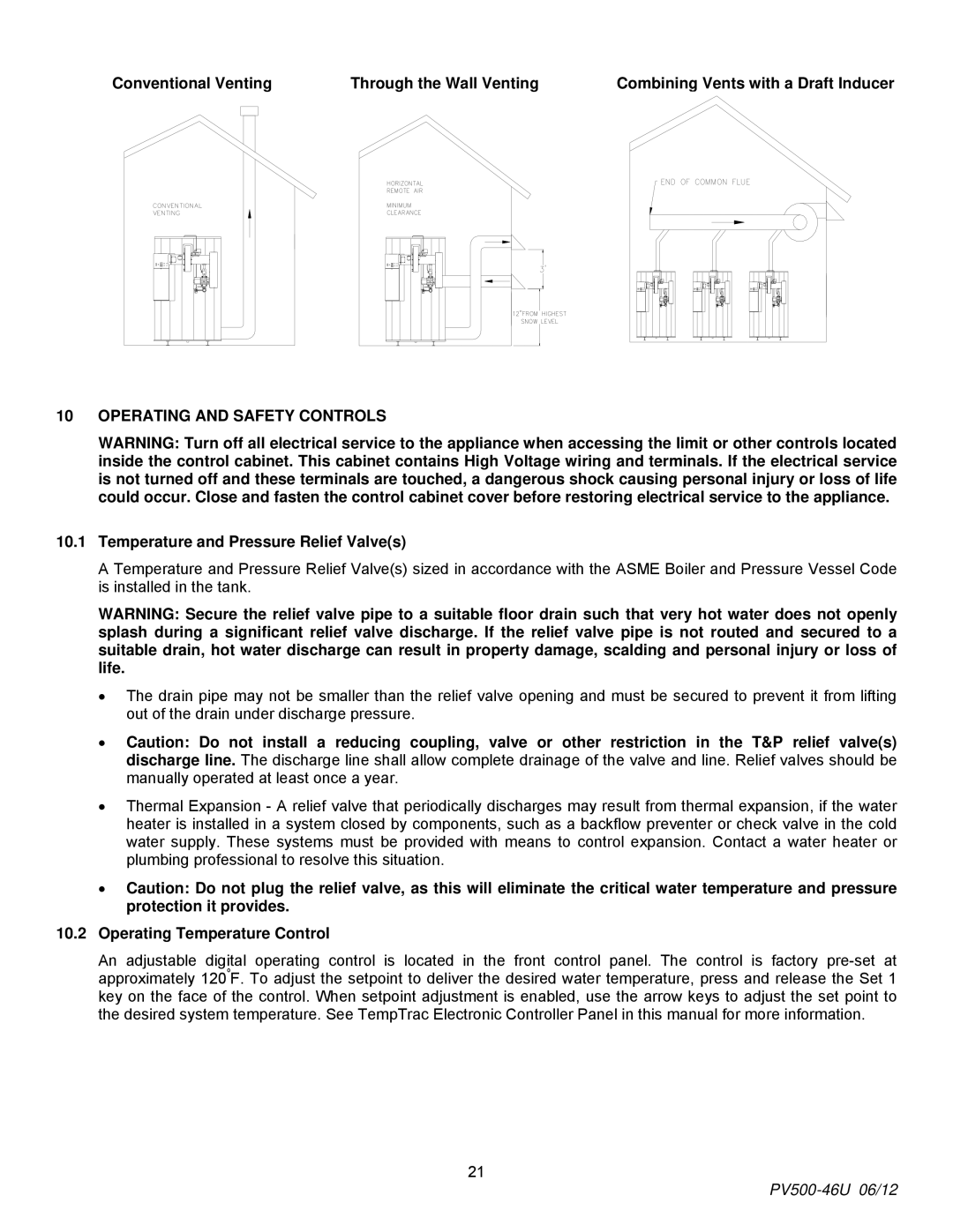 PVI Industries 150, 180 manual Operating and Safety Controls, Temperature and Pressure Relief Valves 