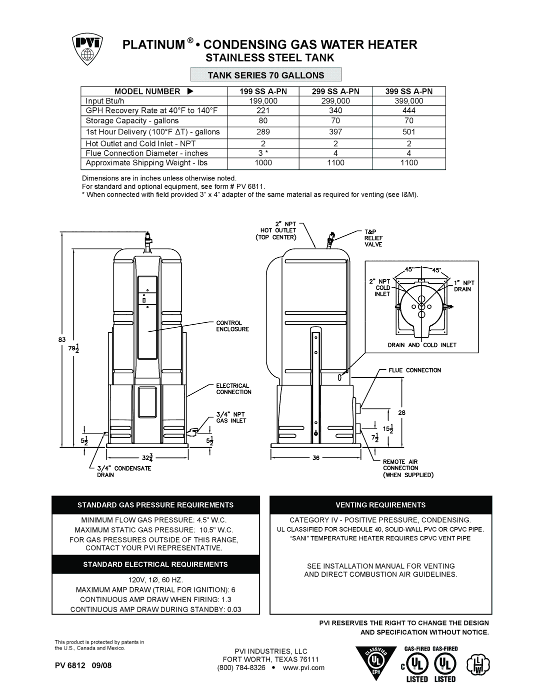 PVI Industries 299 SS A-PN dimensions Ss A-Pn, PV 6812 09/08, Standard GAS Pressure Requirements, Venting Requirements 