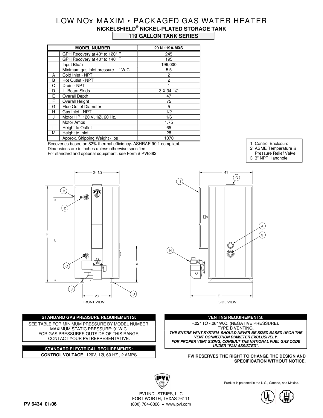 PVI Industries 20 N 119A-MXS dimensions LOW NOx Maxim Packaged GAS Water Heater, Model Number 