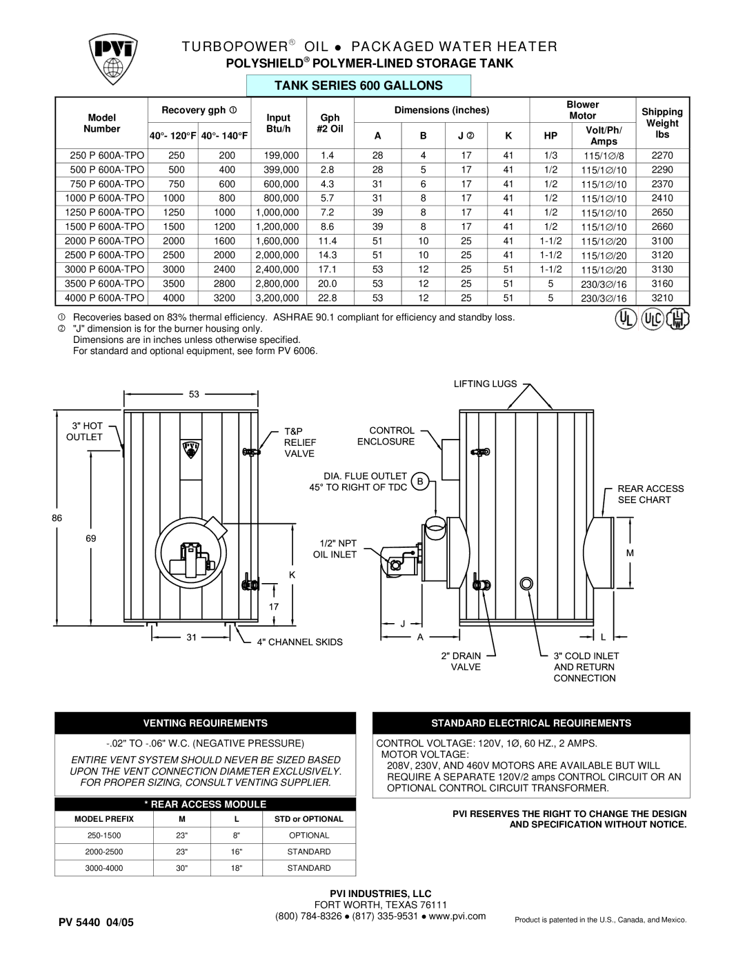 PVI Industries 250N600A-TPO dimensions Turbopower OIL, Packaged Water Heater, Venting Requirements, Rear Access Module 