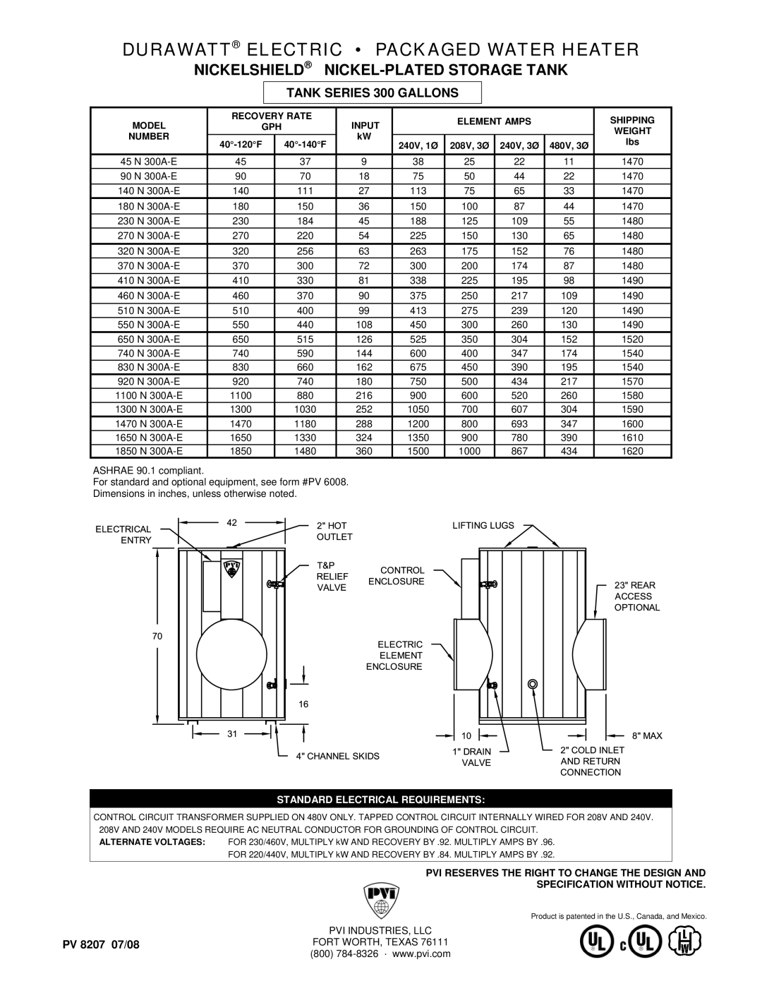 PVI Industries 45N300A-E dimensions Durawatt Electric Packaged Water Heater, Nickelshield NICKEL-PLATED Storage Tank 