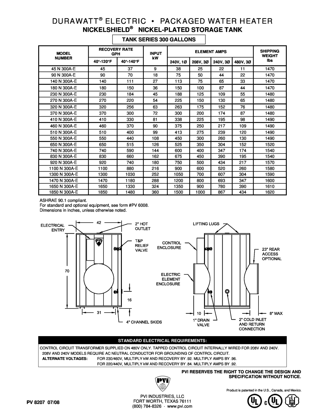 PVI Industries 45N300A-E dimensions Durawatt Electric Packaged Water Heater, Nickelshield Nickel-Platedstorage Tank 