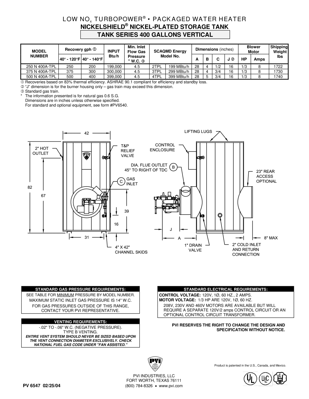 PVI Industries 375 N 400A-TPL, 500 N 400A-TPL dimensions Standard GAS Pressure Requirements, Venting Requirements 