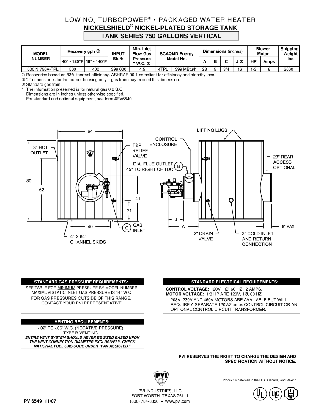 PVI Industries 500 N 750A-TPL dimensions Standard GAS Pressure Requirements, Venting Requirements 