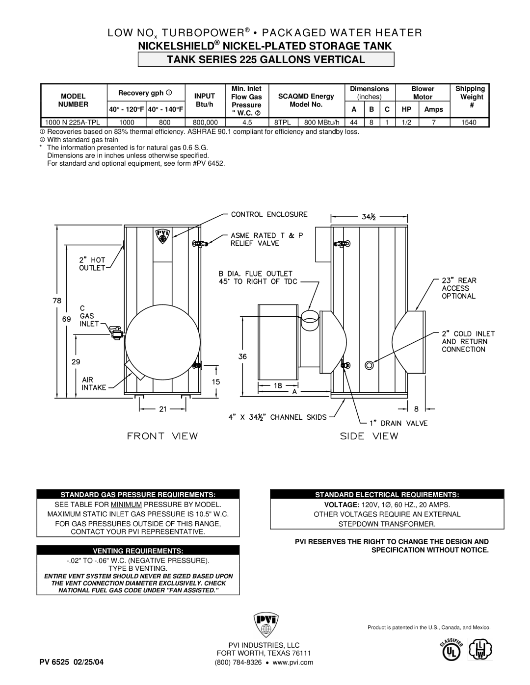 PVI Industries 375P225A-TPL, 500P225A-TPL dimensions Standard GAS Pressure Requirements, Venting Requirements 