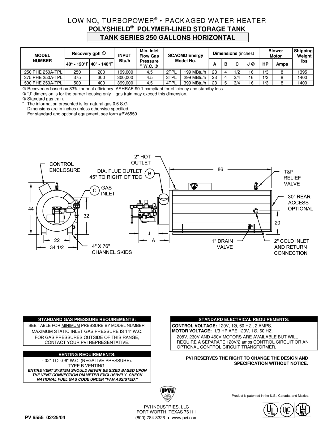 PVI Industries 375PHE250A-TPL, 500PHE250A-TPL dimensions Standard GAS Pressure Requirements, Venting Requirements 