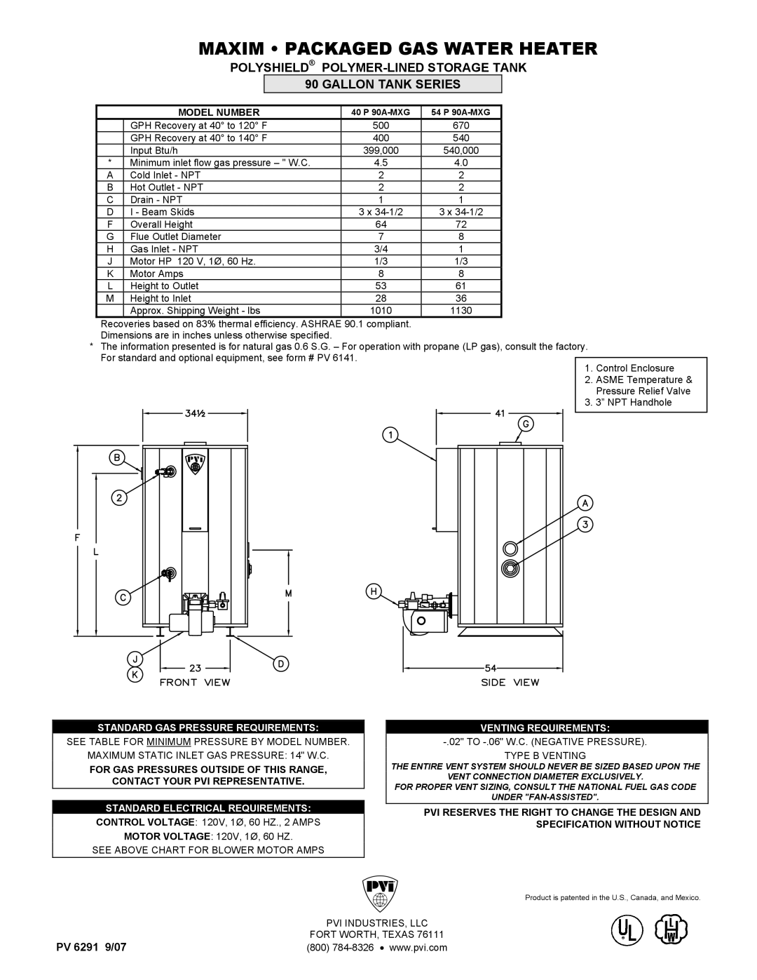 PVI Industries 40 P 90A-MXG, 54 P 90A-MXG dimensions Maxim Packaged GAS Water Heater, Standard GAS Pressure Requirements 