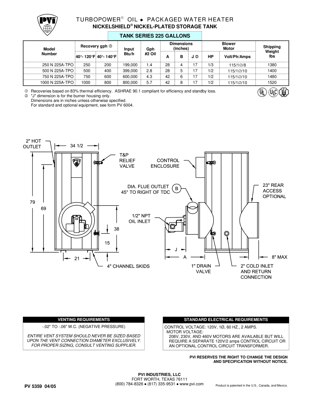 PVI Industries 500 N 225A-TPO, 750 N 225A-TPO dimensions Turbopower OIL Packaged Water Heater, Venting Requirements 