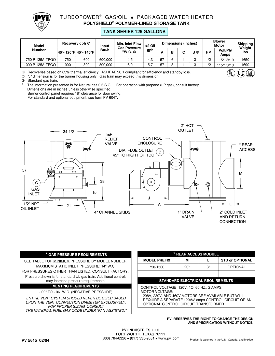 PVI Industries 750P125A-TPGO dimensions TURBOPOWER→ GAS/OIL Packaged Water Heater, GAS Pressure Requirements 