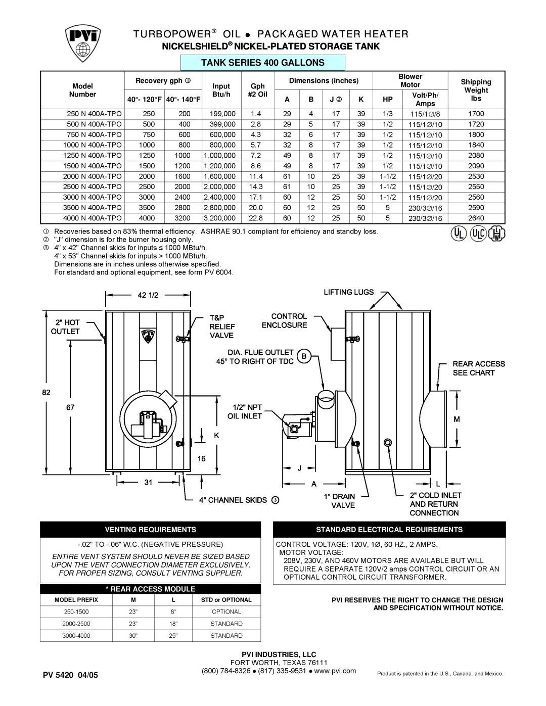 PVI Industries 2000N400A-TPO dimensions Turbopower Oil, Packaged Water Heater, Nickelshield Nickel-Platedstorage Tank 