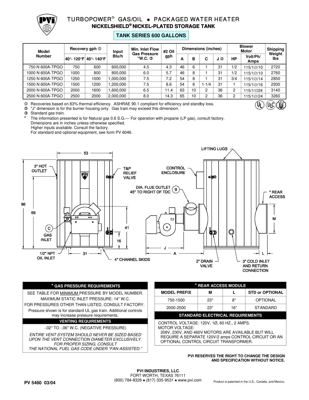 PVI Industries 2000N600A-TPO dimensions Turbopower Gas/Oil, Packaged Water Heater, Nickelshield Nickel-Platedstorage Tank 