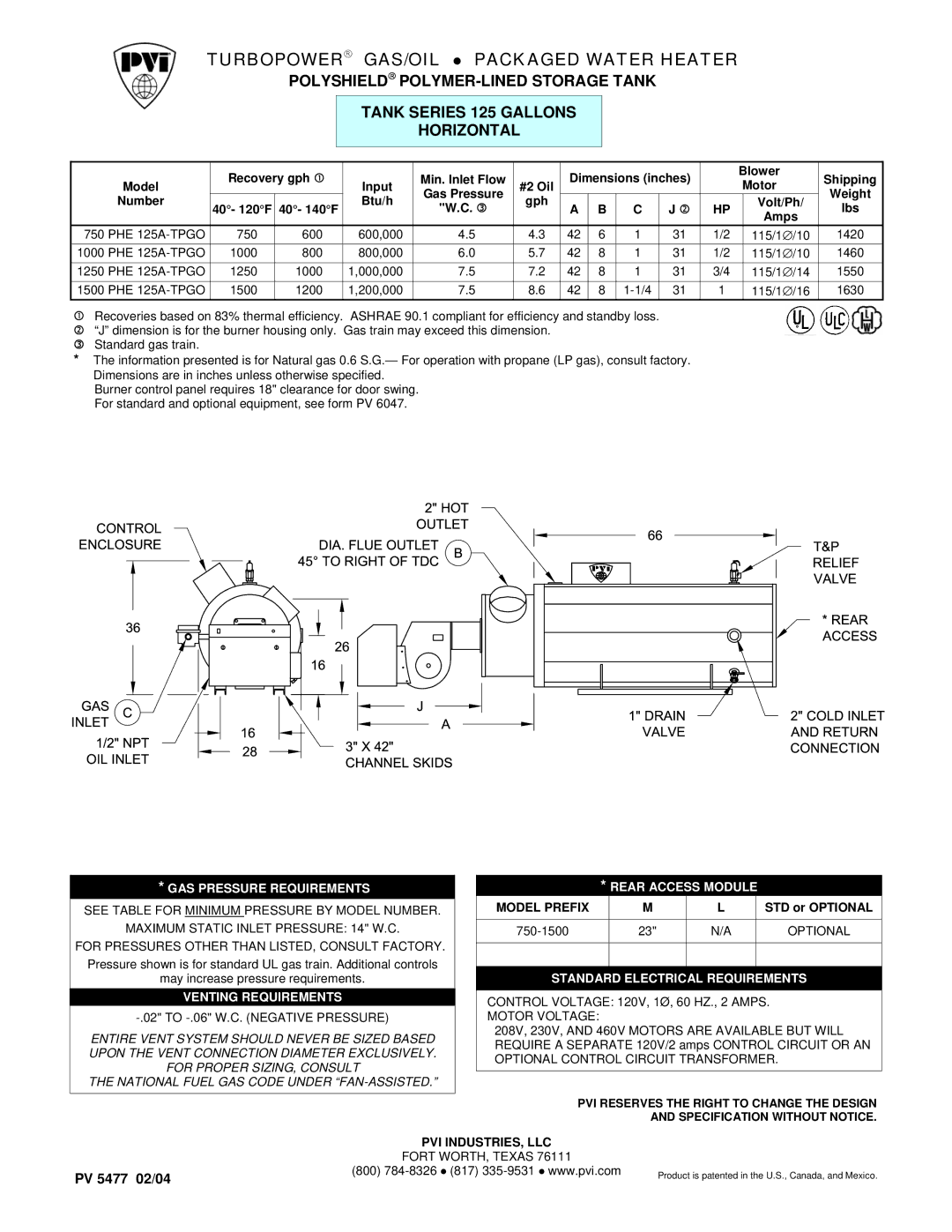 PVI Industries 1000PHE125A-TPGO, 750PHE125A-TPGO, 1250PHE125A-TPGO dimensions Turbopower→ Gas/Oil, Packaged Water Heater 