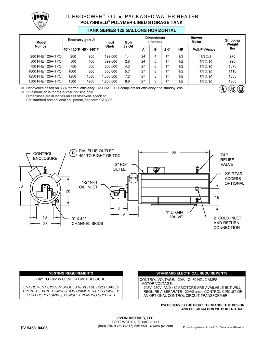 PVI Industries 500PHE125A-TPO, 750PHE125A-TPO dimensions Turbopower OIL Packaged Water Heater, Venting Requirements 